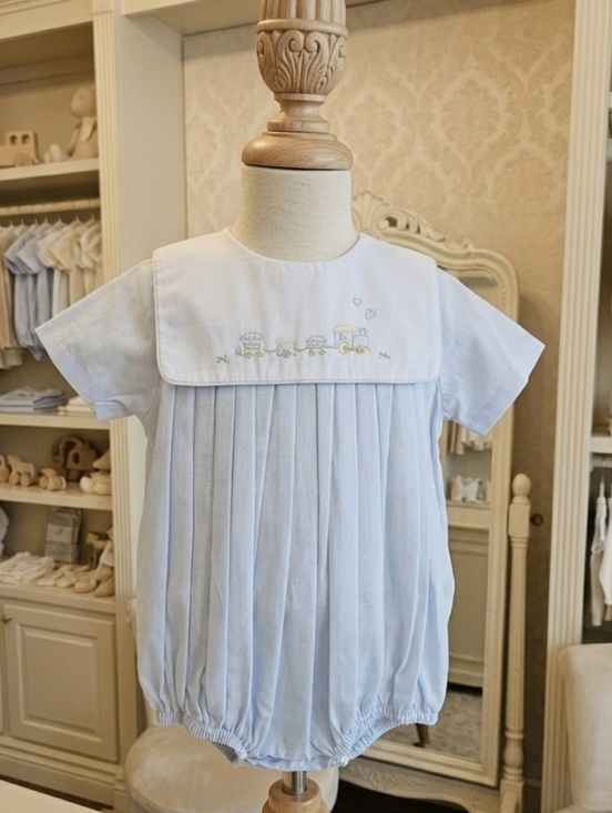 Petit Ami Other - Heirloom Blue & White Train Embroidered Bubble – Petit Ami NB/3M 💙